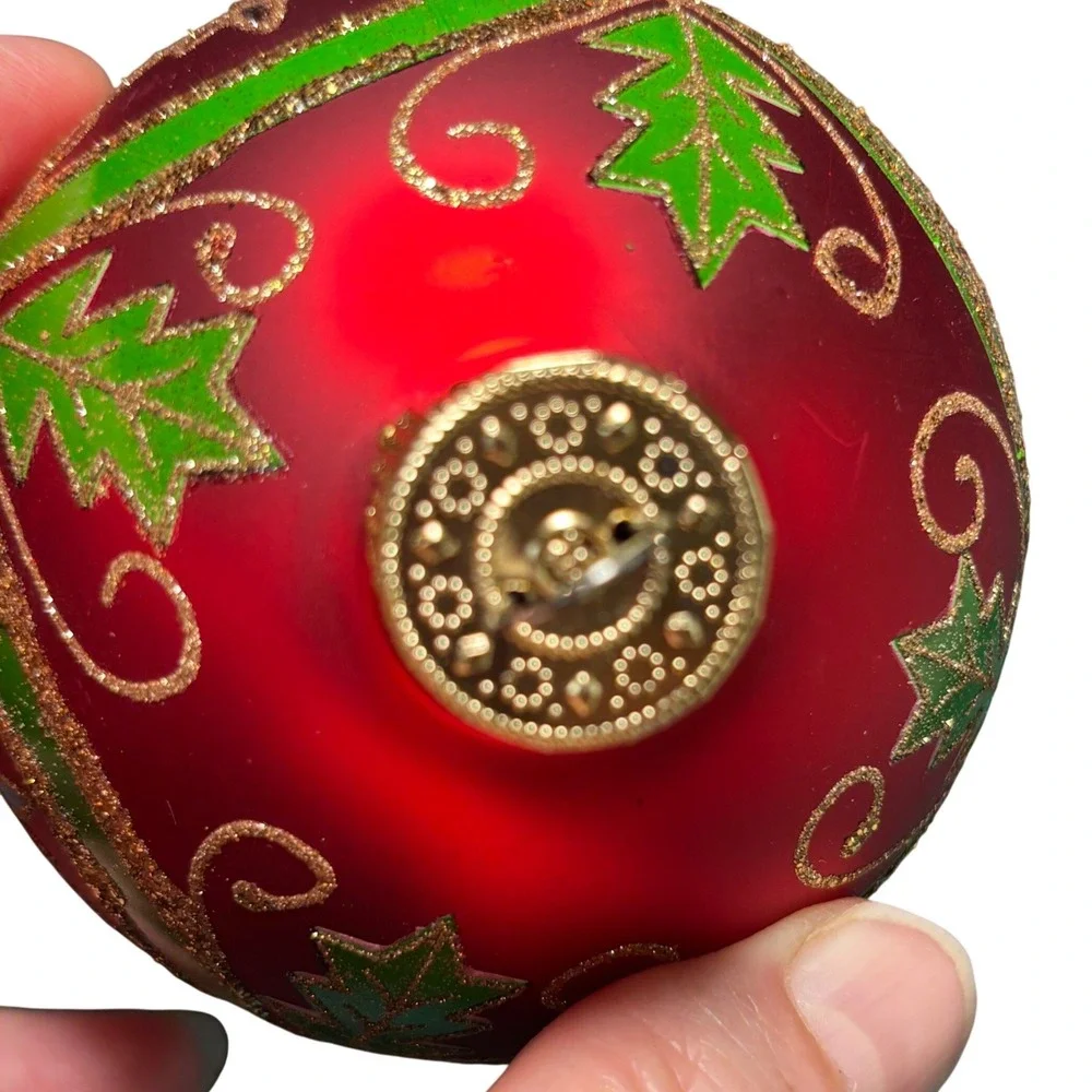 Christmas Ornament Red Vintage‎ Glass Holly Gold Glitter 4